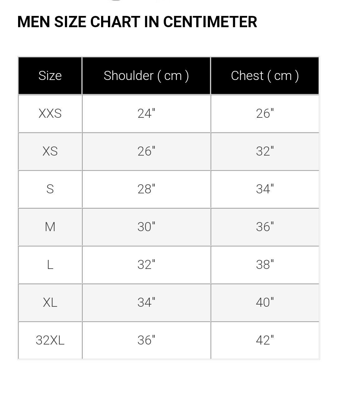 Size Chart in Centimeters