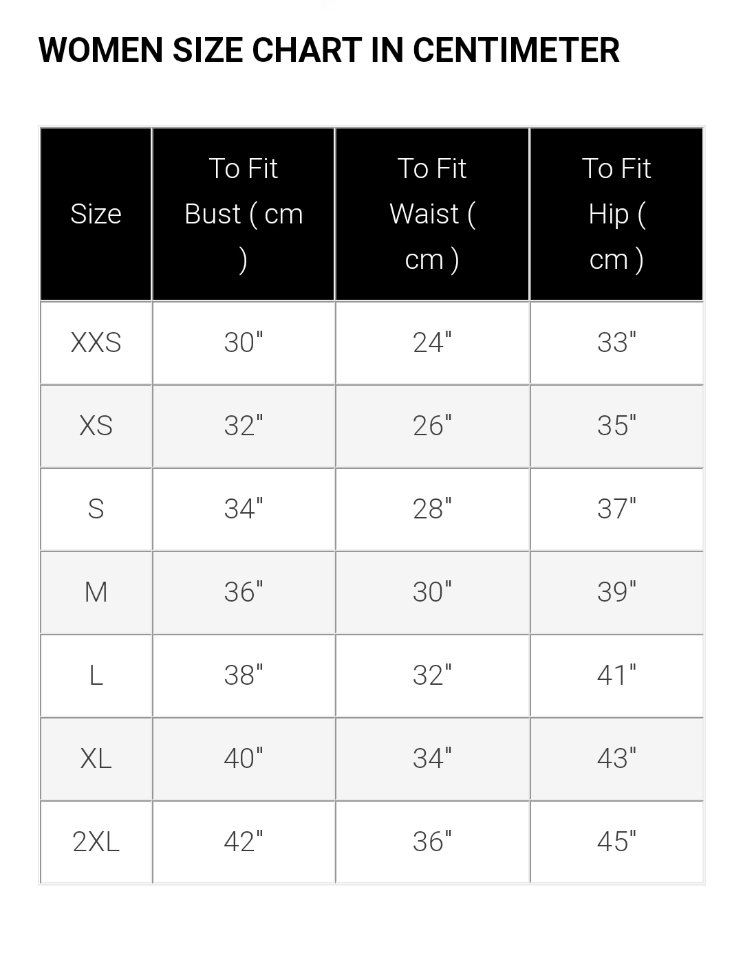 Size Chart in Centimeters