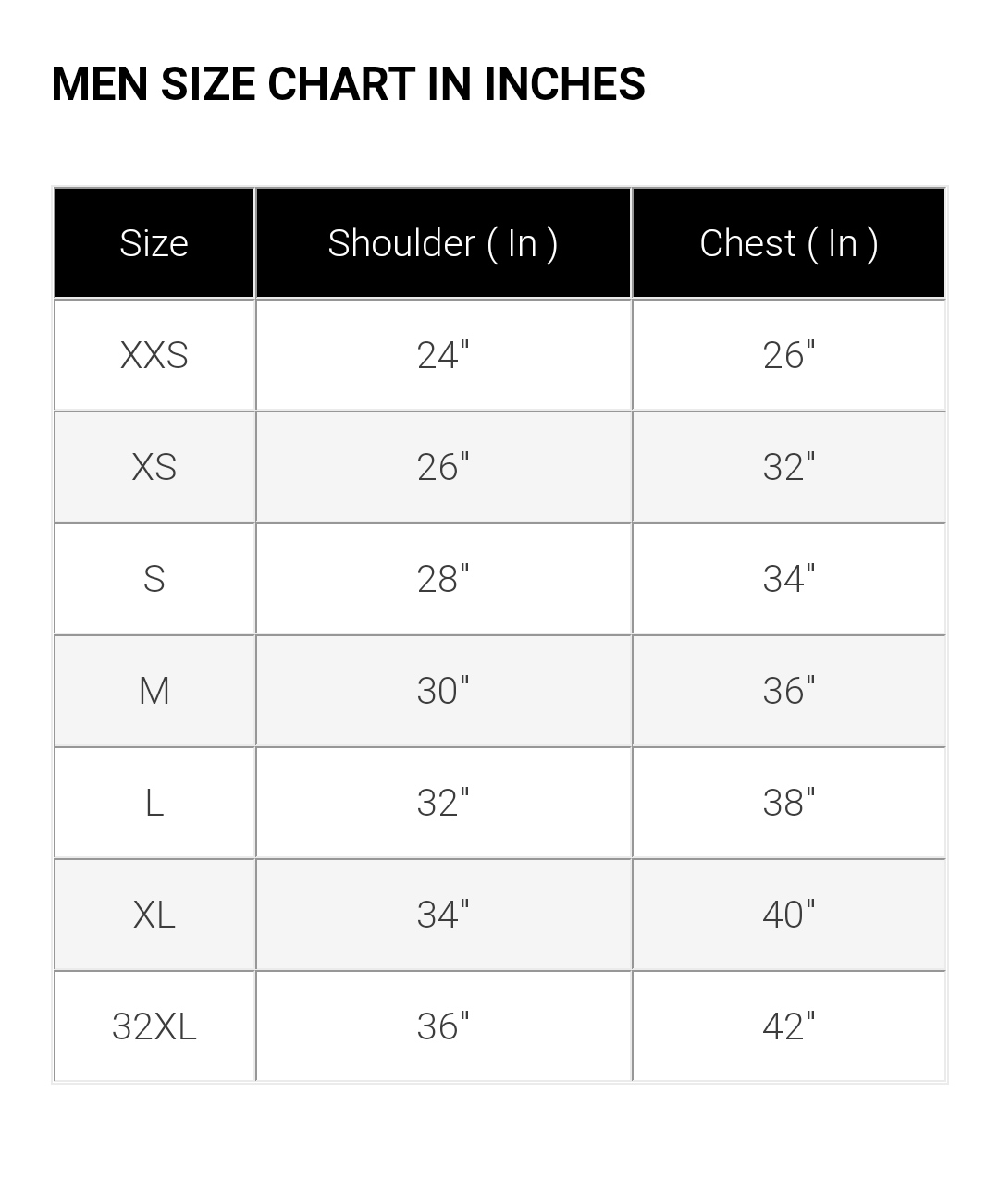 Size Chart in Inches