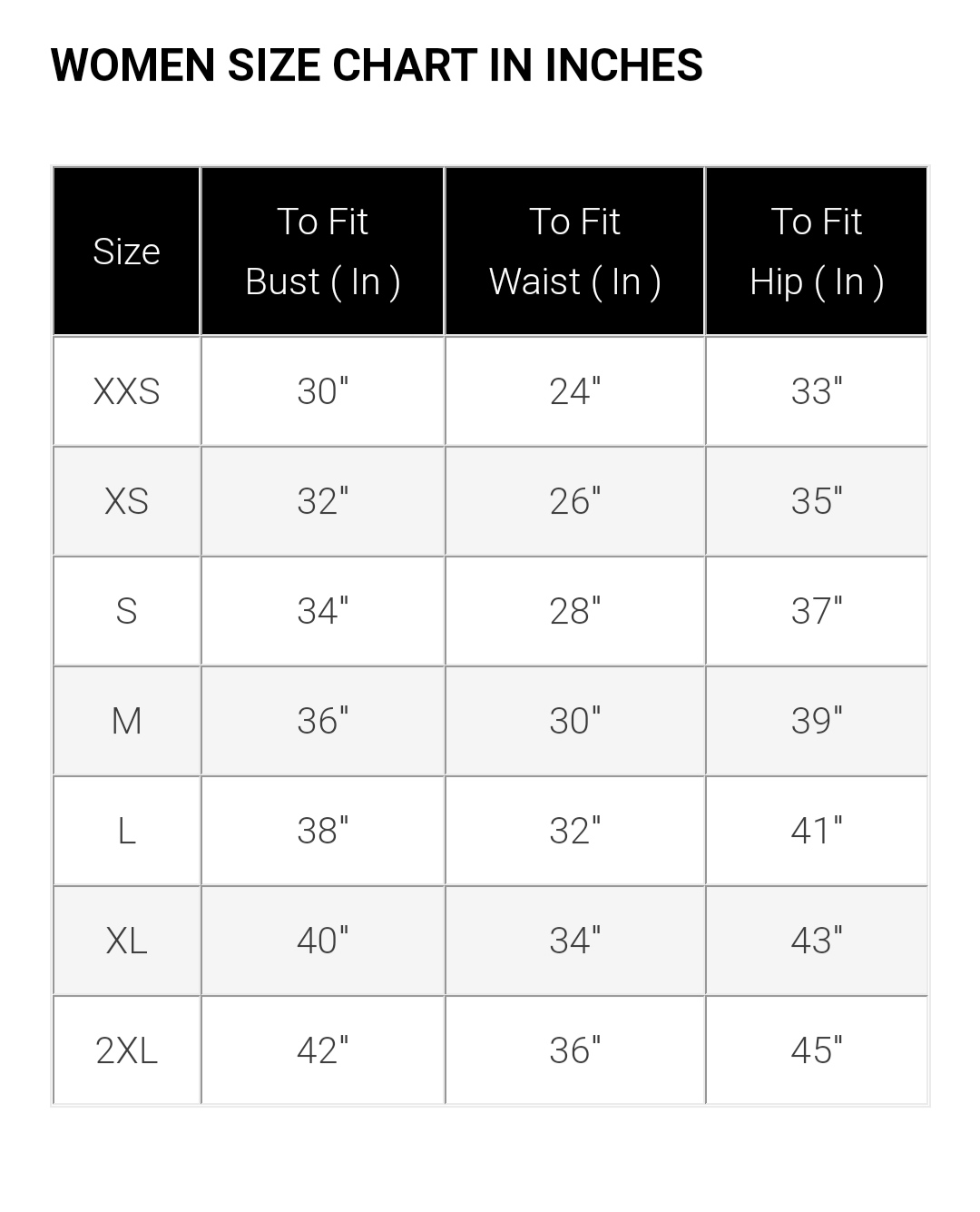 Size Chart in Inches